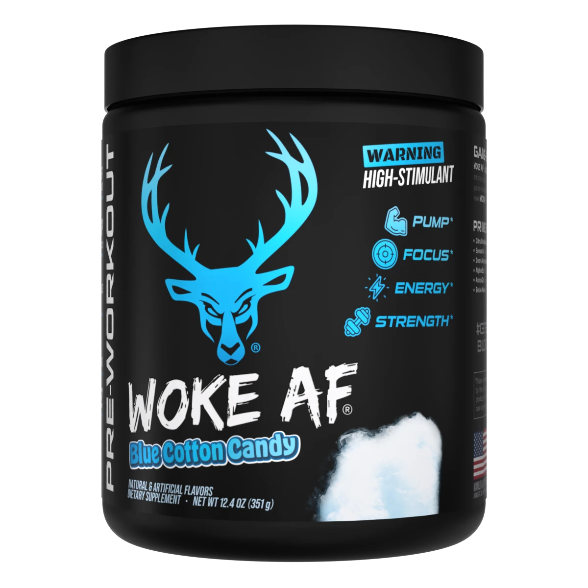 A container of Blue Cotton Candy Flavored Bucked Up Woke AF Pre-Workout supplement with a black background featuring pink and white text, and images of a deer. The product is labeled as 'High-Stimulant' and 'Pump, Focus, Energy, Strength'.