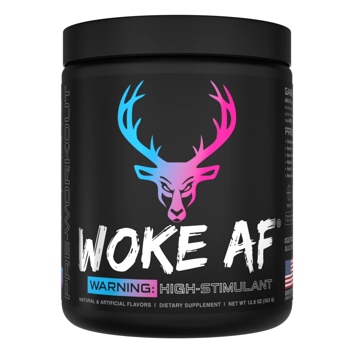 A container of Bucked Up Woke AF Pre-Workout supplement Miami Flavor with a black background featuring pink and white text, and images of a deer and strawberries. The product is labeled as 'High-Stimulant' and 'Pump, Focus, Energy, Strength'.