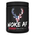 A container of Bucked Up Woke AF Pre-Workout supplement with a black background featuring pink and white text, and images of a deer and strawberries. The product is labeled as 'High-Stimulant' and 'Pump, Focus, Energy, Strength'.
