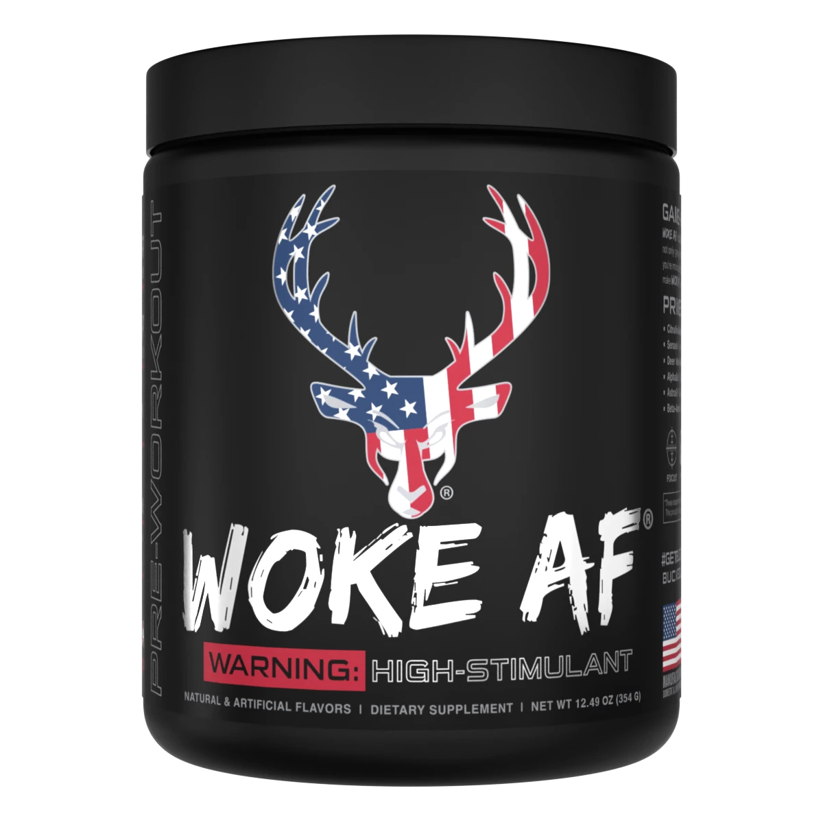 A container of Bucked Up Woke AF Pre-Workout supplement with a black background featuring pink and white text, and images of a deer and strawberries. The product is labeled as 'High-Stimulant' and 'Pump, Focus, Energy, Strength'.