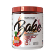 A container of Babe Pre-Workout by Bucked Up in Fruit Punch flavor, designed for women with a red lid and a label featuring watermelon graphics.