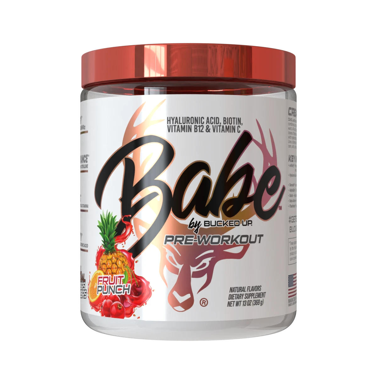 A container of Babe Pre-Workout by Bucked Up in Fruit Punch flavor, designed for women with a red lid and a label featuring watermelon graphics.