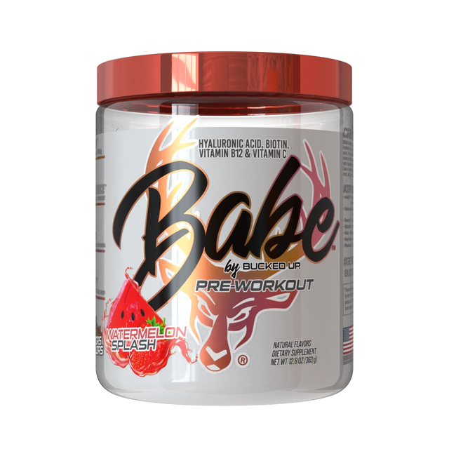 A container of Babe Pre-Workout by Bucked Up in Watermelon Splash flavor, designed for women with a red lid and a label featuring watermelon graphics.