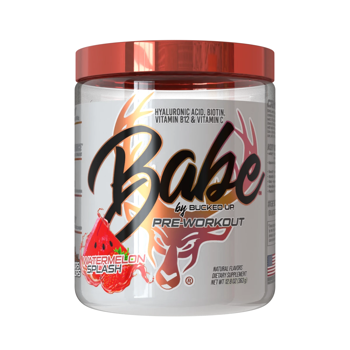 A container of Babe Pre-Workout by Bucked Up in Watermelon Splash flavor, designed for women with a red lid and a label featuring watermelon graphics.