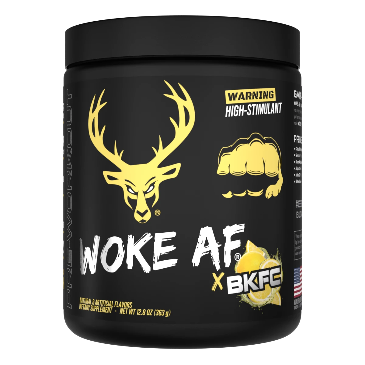 A container of Woke AF high stimulant pre-workout powder in BKFC Lemonade flavor, with brand logo and a graphic of a deer head on the front.