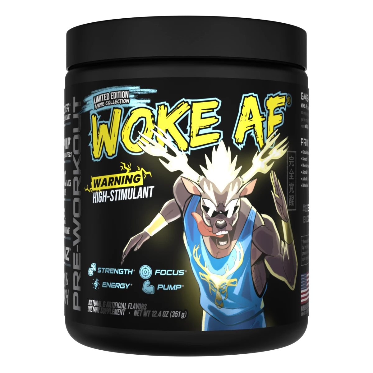 A container of Woke AF high stimulant pre-workout powder, with brand logo and a graphic of a wolf man on the front.
