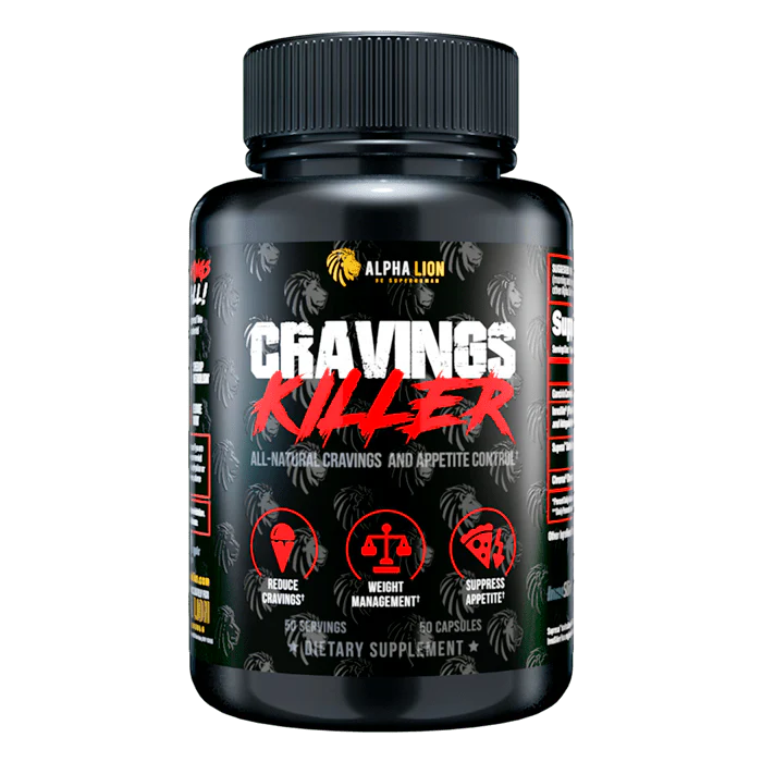 Supplement bottle labeled 'Cravings Killer' by Alpha Lion on a white background