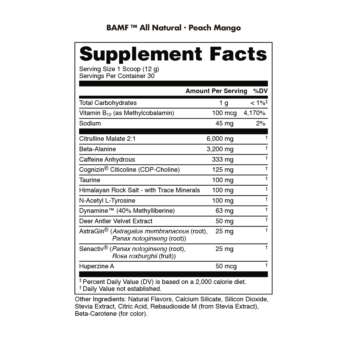Supplement facts label for BAMF All Natural Peach Mango supplement on a white background