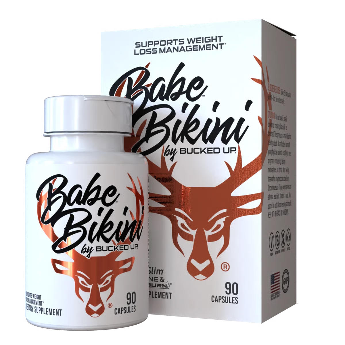 "Bucked Up Babe Bikini dietary supplement bottle – women’s wellness formula with L-Carnitine, InnoSlim, Paraxanthine, Berberine, L-Theanine, Grains of Paradise, Cayenne Pepper, and BioPerine for energy, focus, and metabolism support."