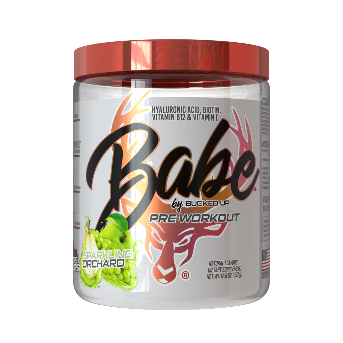 Bucked Up Babe Pre-workout supplement for women Sparkling Orchard Flavor in a container with red lid and colorful label on a white background