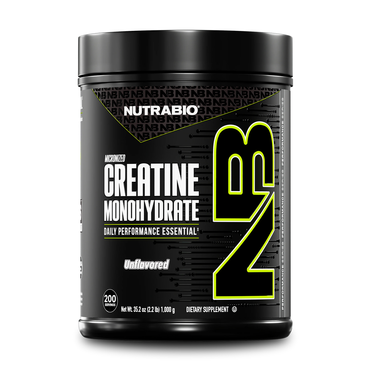 The Best NUTRABIO Micronized Creatine Monohydrate supplement container with 200 servings on a white background