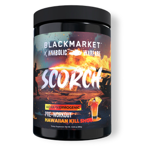 SCORCH Ultra Thermogenic Pre-Workout – Hawaiian Kill Shot, 20 servings by Black Market and Anabolic Warfare in a black tub with a white background