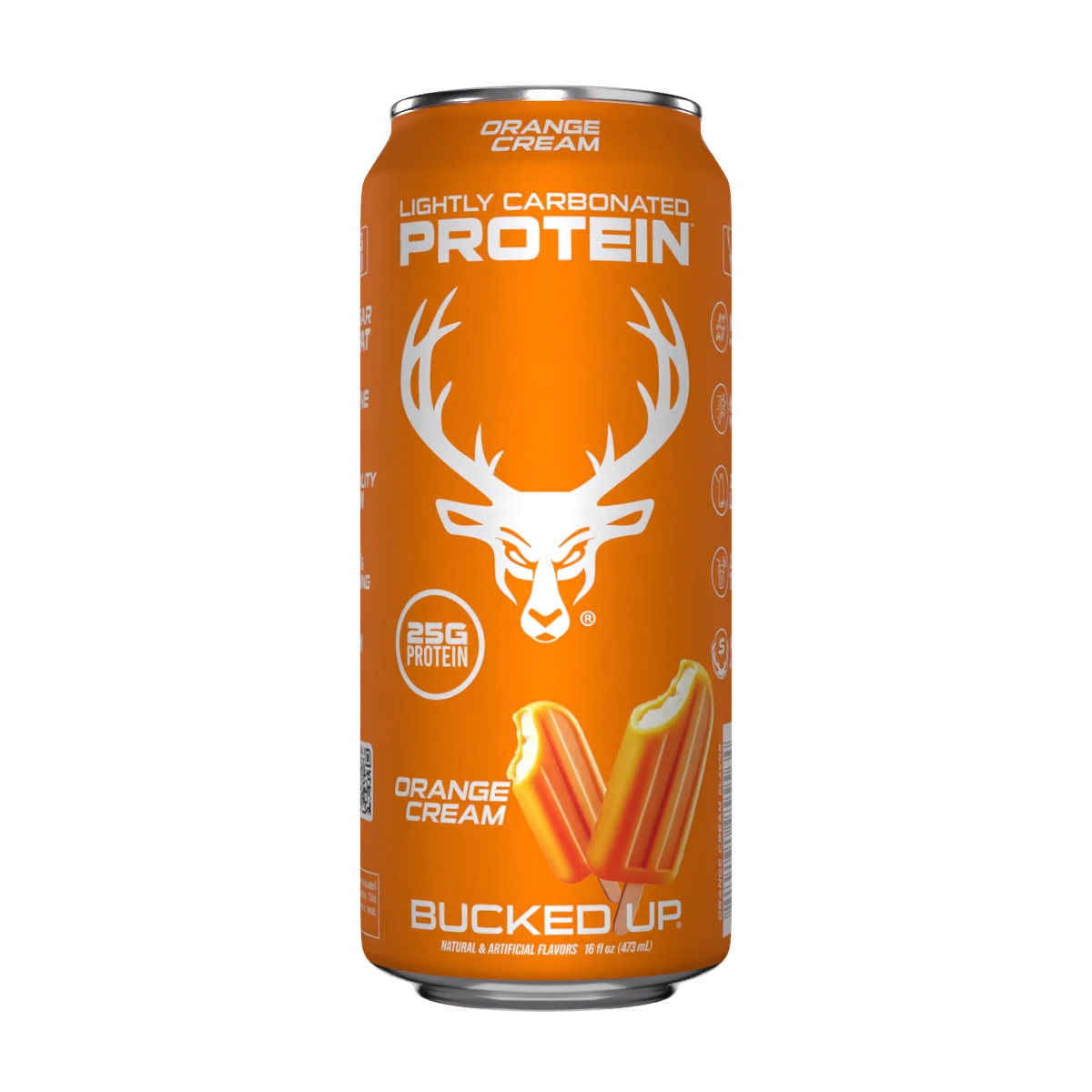 A can of Bucked Up Protein RTD Drink labeled as 'Orange Cream' flavor, and indicating 25g of protein, 0g sugar, and 0g fat.