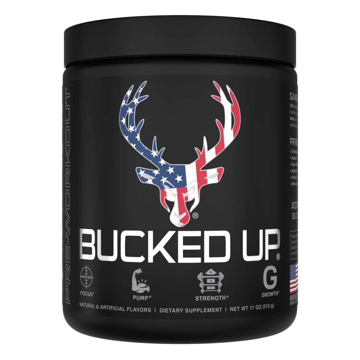 Container of Bucked Up Pre Workout Supplement with a black background featuring a white graphic of a deer head with American flag colors and text that reads 'BUCKED UP'.