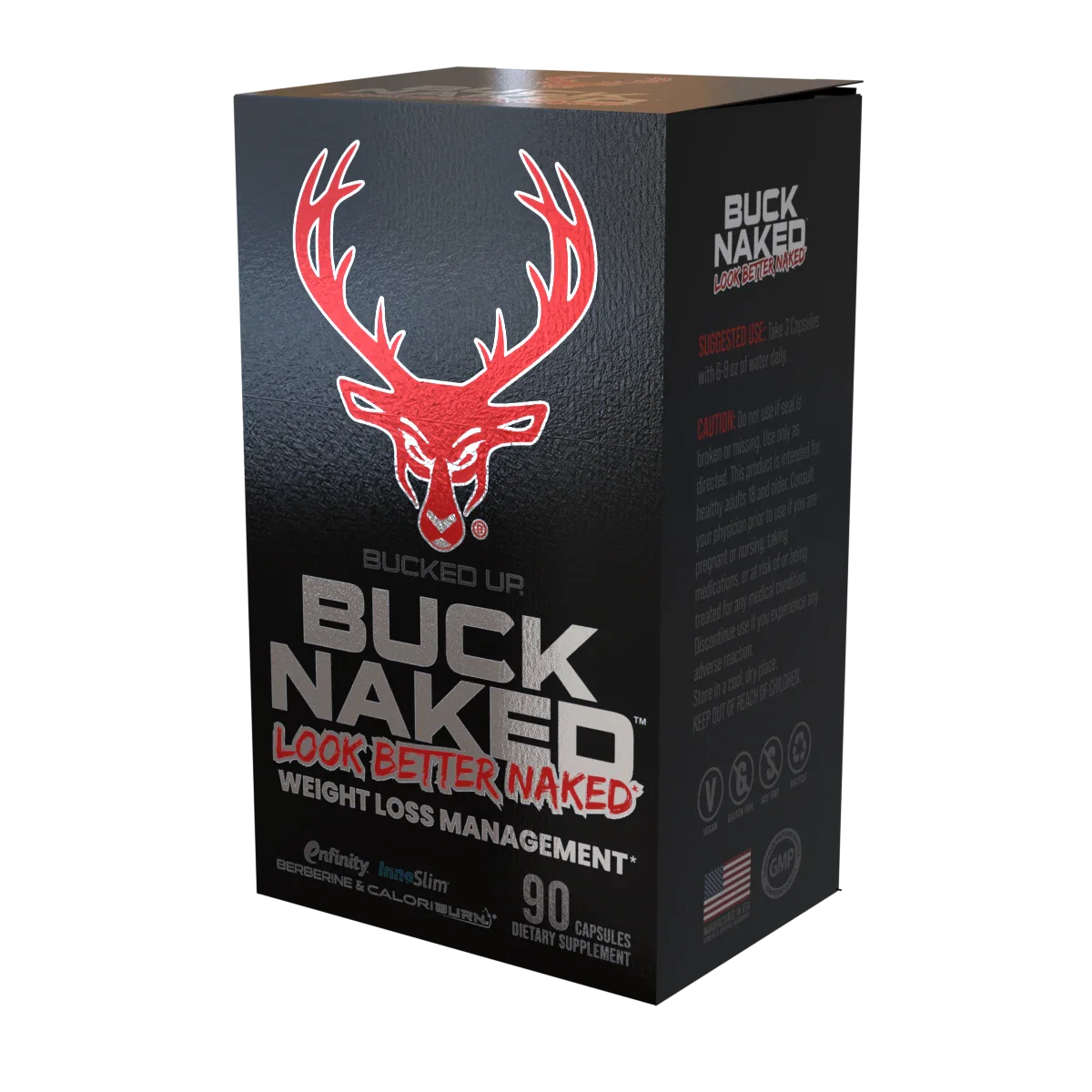 Bucked Up Buck Naked Look Better Naked metabolism and energy support capsules, 90-count, with red deer logo on black premium packaging designed for body composition and performance goals.