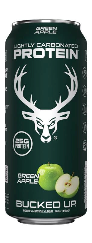 Bucked Up Green apple protein drink can with deer logo on a white background
