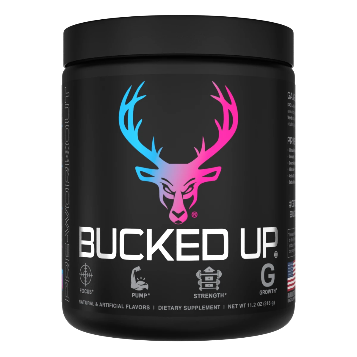 Container of Bucked Up Pre Workout Supplement with a black background featuring a white graphic of a deer head with Miami Flavor and text that reads 'BUCKED UP'.