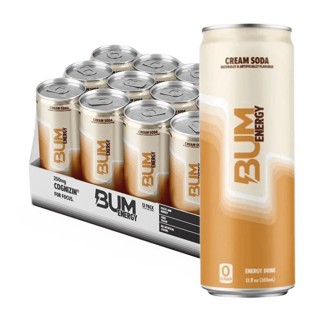 Bum Energy Cream Soda cans with a 12-pack box.
