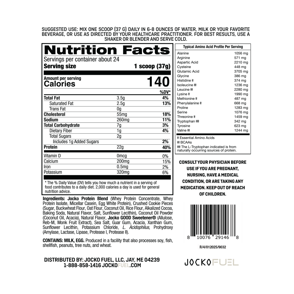 Jock Molk Protein Powder Cookies and Cream ingredients and macros nutrition panel