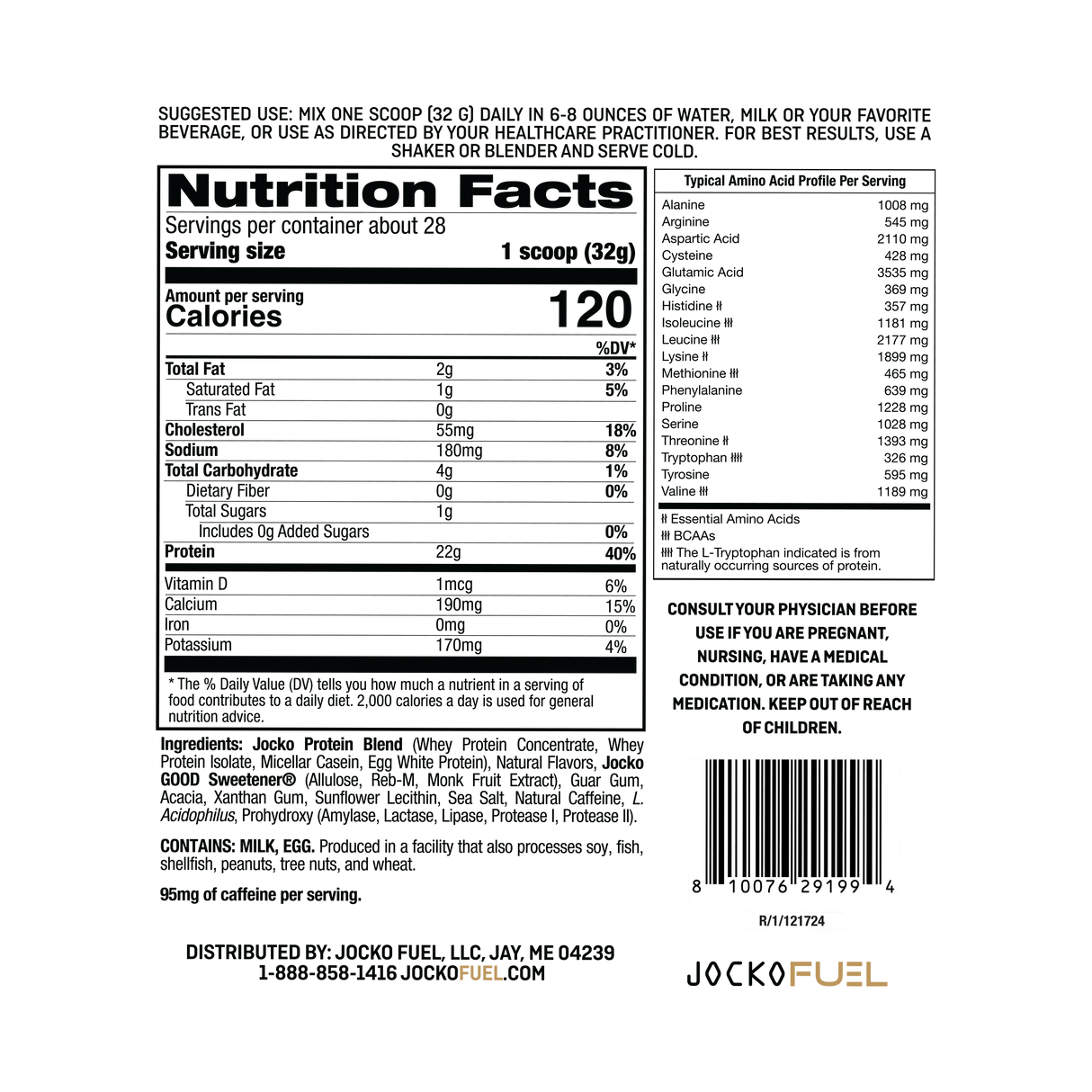 Jocko Fuel Molk Whey Protein Powder Supplement in Coffee and Donuts Flavor Ingredients and Macros Nutrition Panel