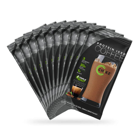 Multiple packages of Protein Iced Coffee with a visible brand logo on a white background