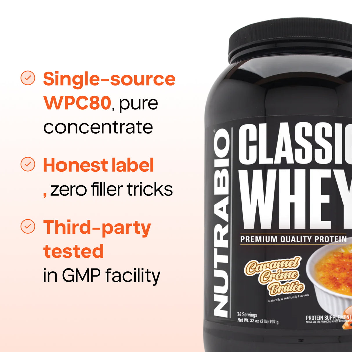 NutraBio Classic Whey — 100% Whey Protein Concentrate, 25g Protein