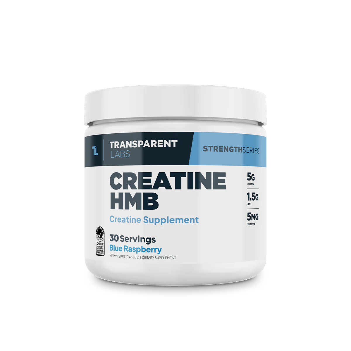 A container of Transparent Labs Creatine HMB Blue Raspberry Flavored in 30 Servings, which is a creatine supplement.