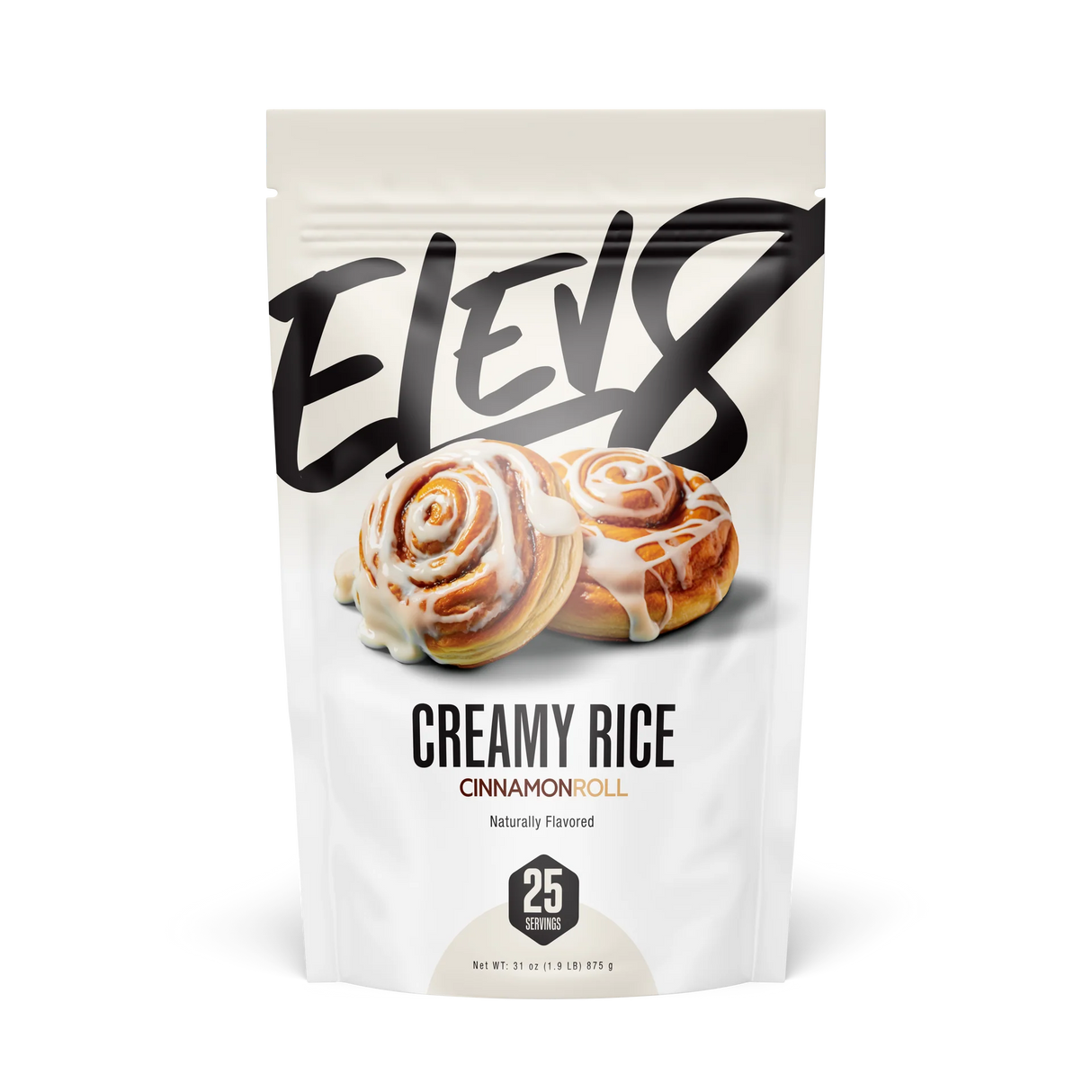 Elev8 Creamy Rice Cinnamon Roll flavor package on a white background