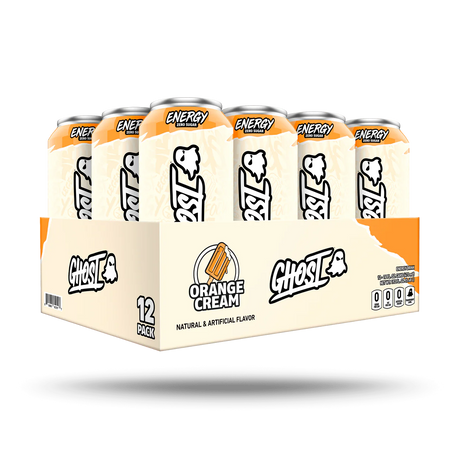 Box of Ghost Energy Orange Cream drinks with cans on a white background