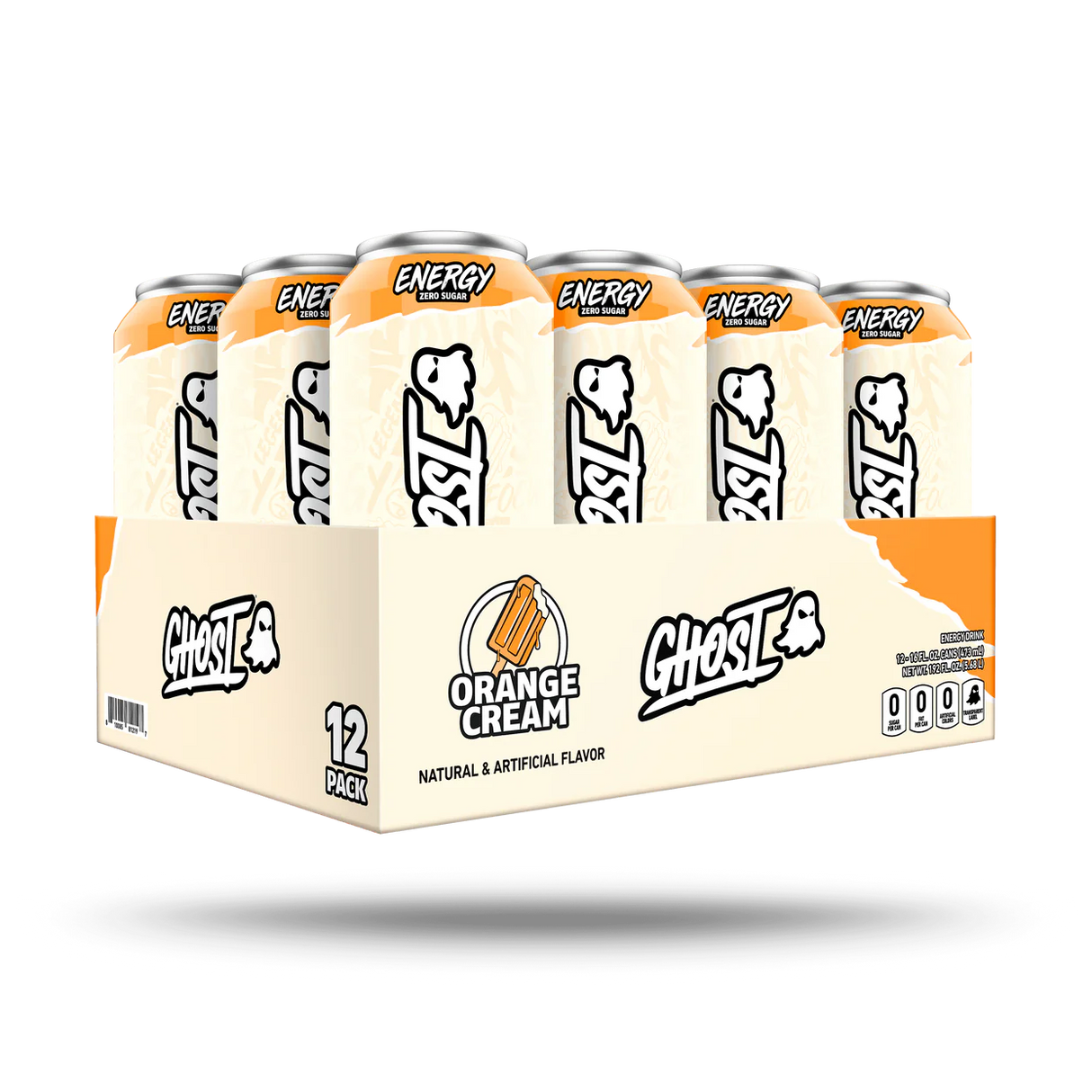 Box of Ghost Energy Orange Cream drinks with cans on a white background