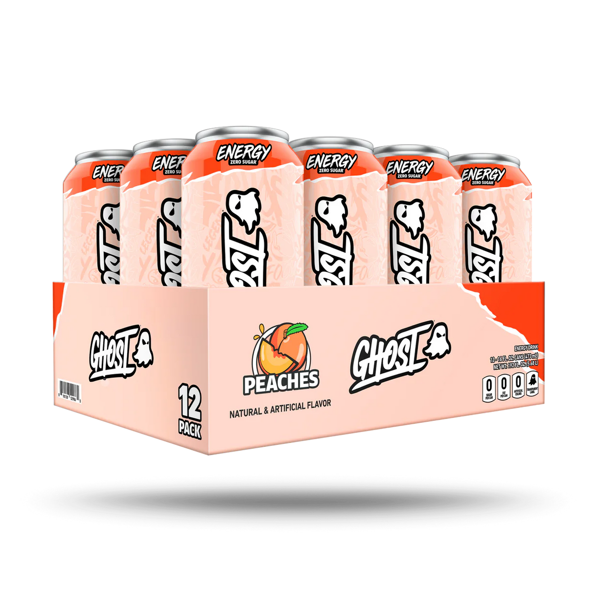 Box of Ghost Energy Peaches drinks with cans on a white background