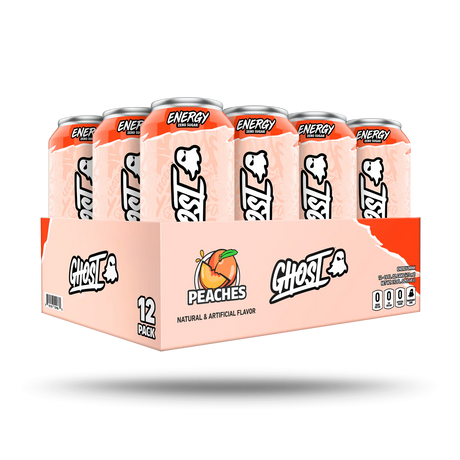 Box of Ghost Energy Peaches drinks with cans on a white background