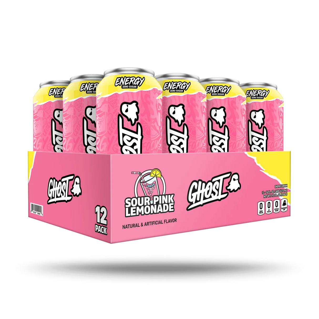 Box of Ghost Energy Sour Pink Lemonade drinks with cans on a white background