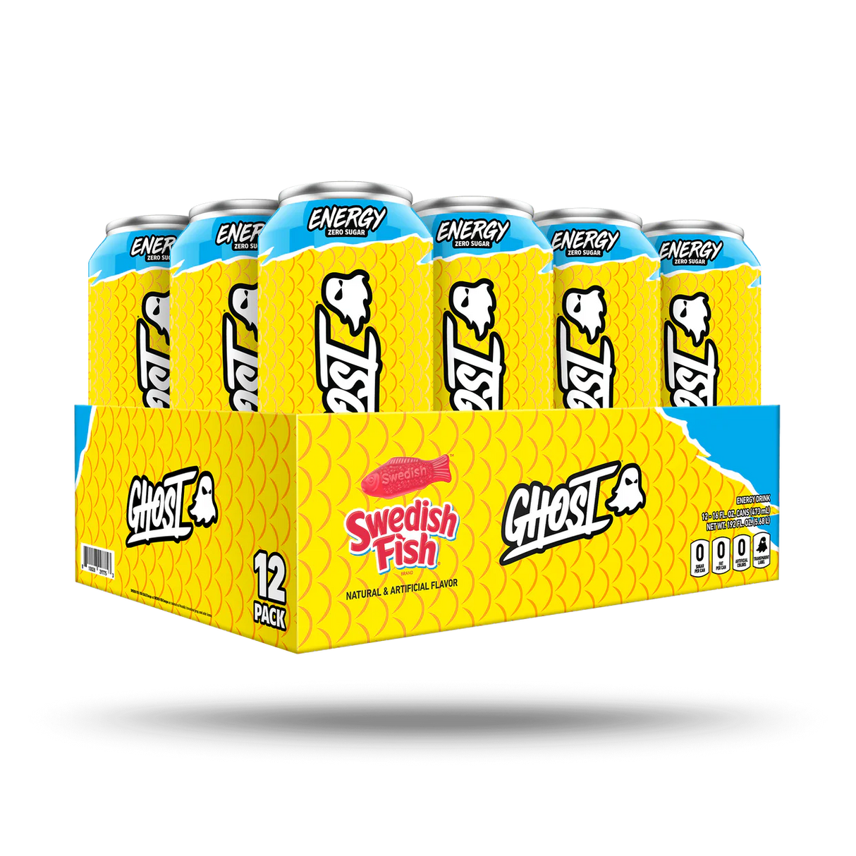 12-pack of Ghost Swedish Fish energy drinks in a yellow and blue box on a white background