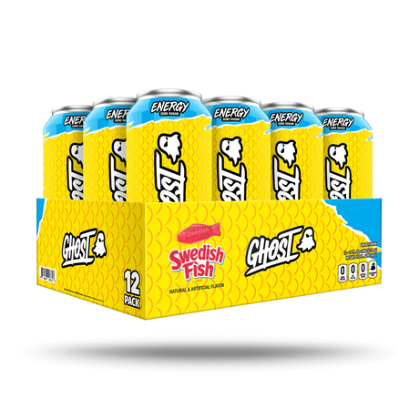 12-pack of Ghost Swedish Fish energy drinks in a yellow and blue box on a white background