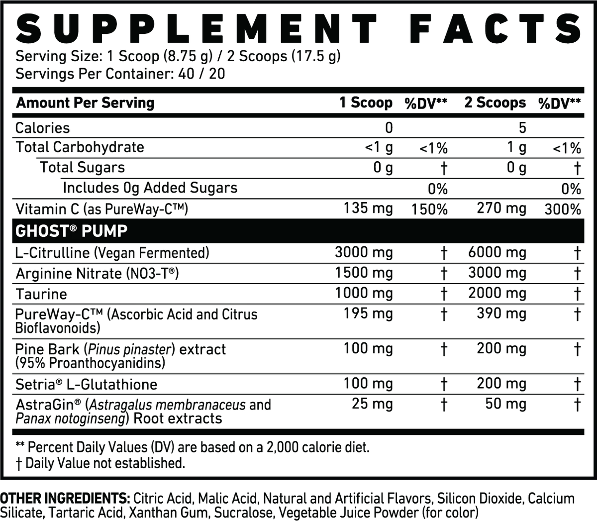 Ghost Pump Non-stim nutrition label