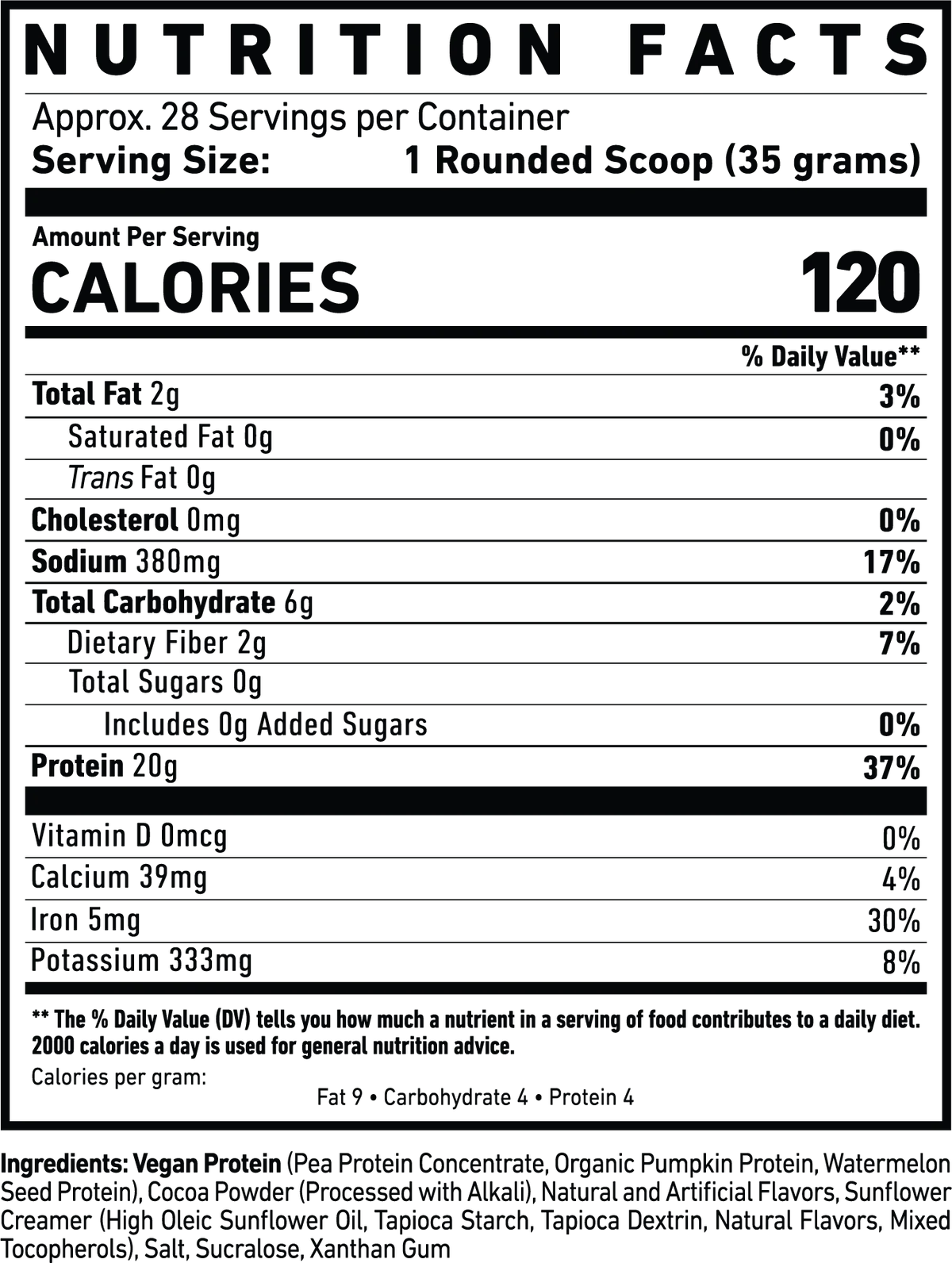Nutrition facts label for Ghost Vegan protein product with serving size, calories, and nutritional content.