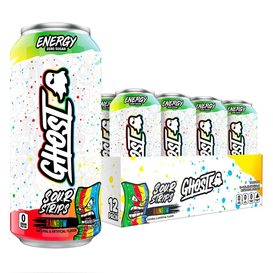 Ghost Energy Sour Strips Rainbow can and packaging on a white background