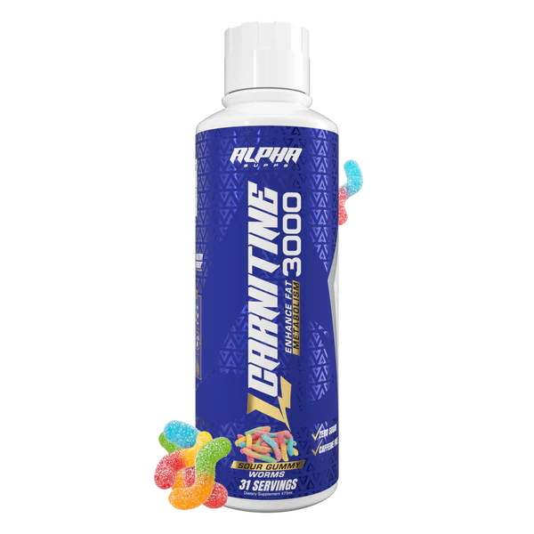 Alpha Energy drink supplement bottle with colorful gummy bears on a white background