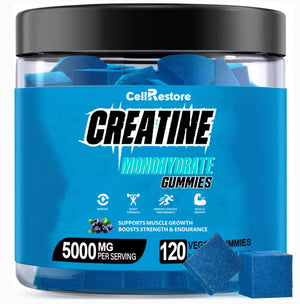 Blue container of CellRestore Creatine Monohydrate Gummies with a black lid on a white background.