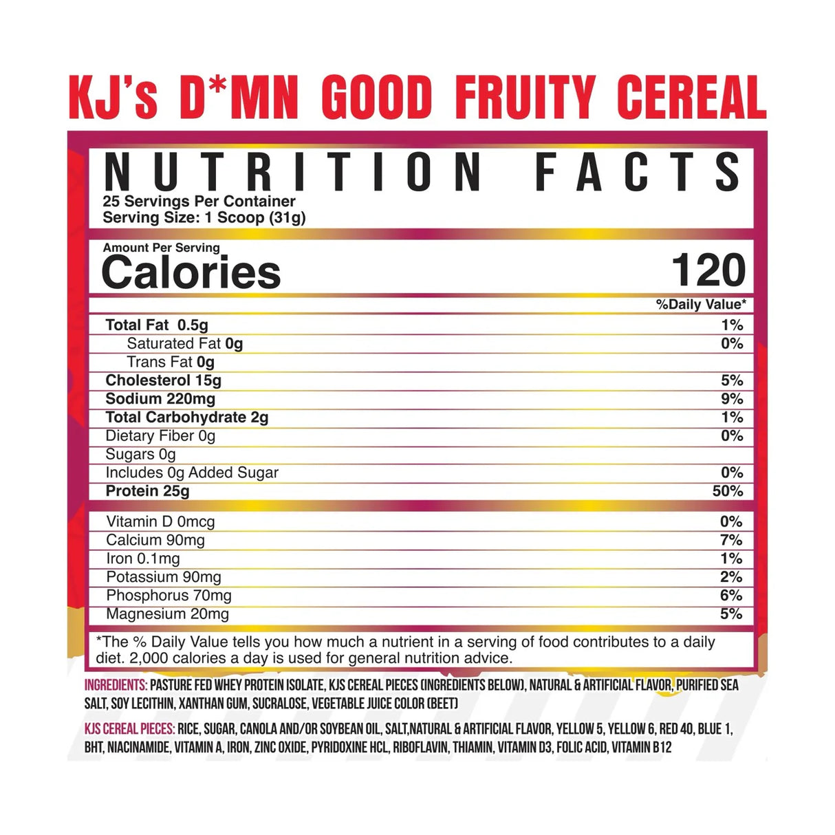Nutrition facts label for KJ's D*mn Good Fruity Cereal with a colorful border.