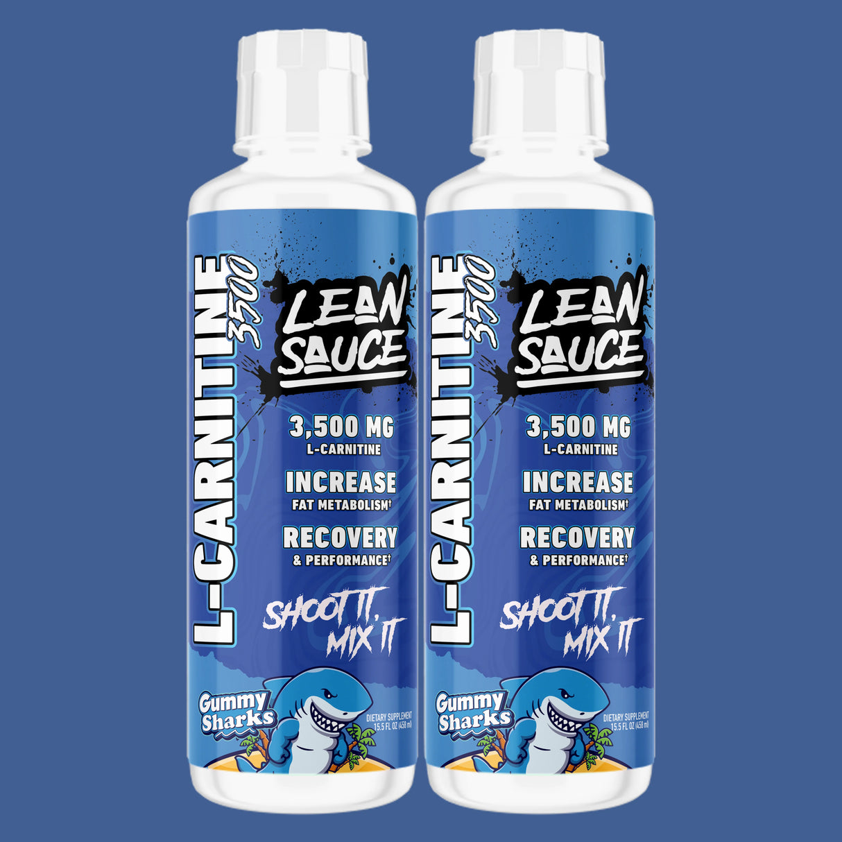 Two bottles of L-Carnitine Lean Sauce Gummy Shark Flavored on a blue background