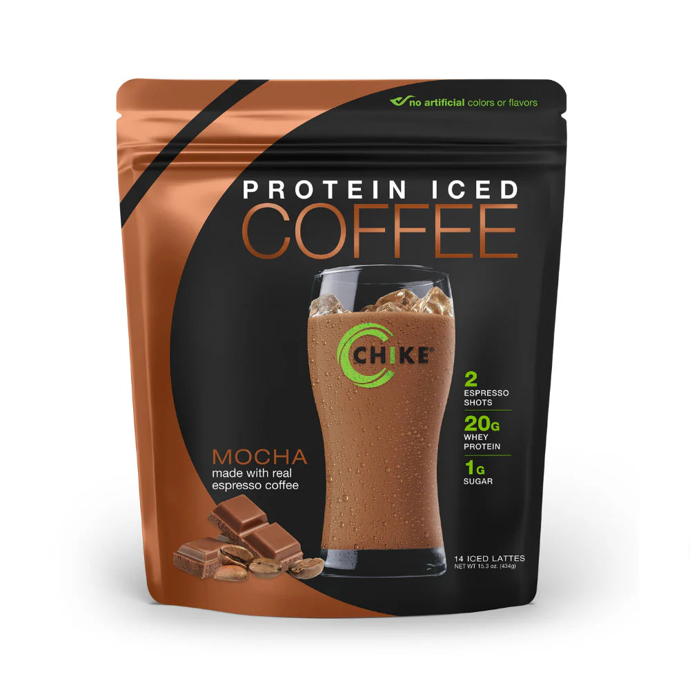 Chike Protein Mocha Iced Coffee bag with iced coffee glass and whey protein powder