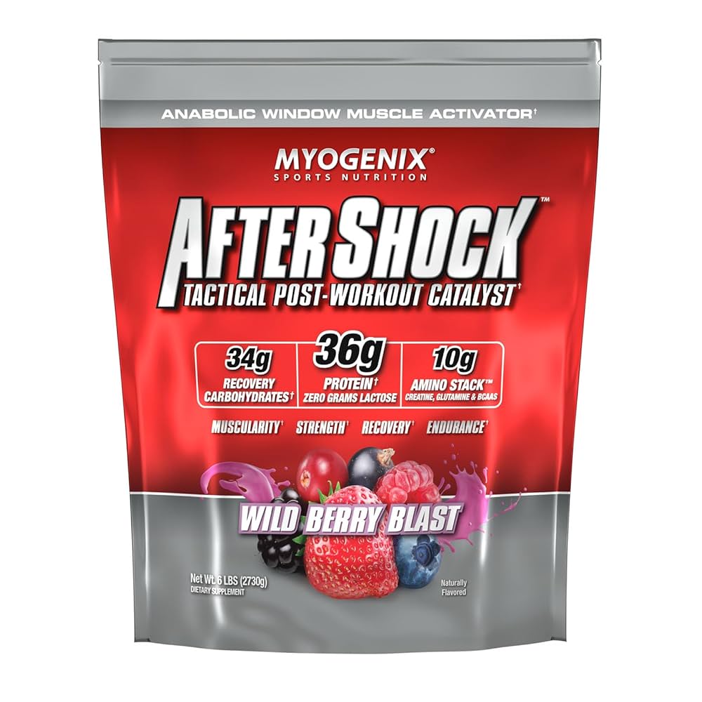 Myogenix Aftershock supplement package with wild berry blast flavor on a white background