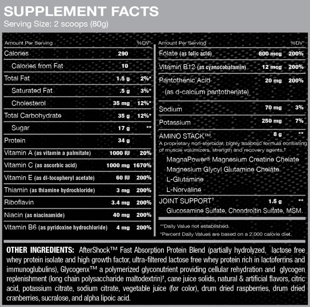 Supplement facts label with detailed nutritional information on a black background