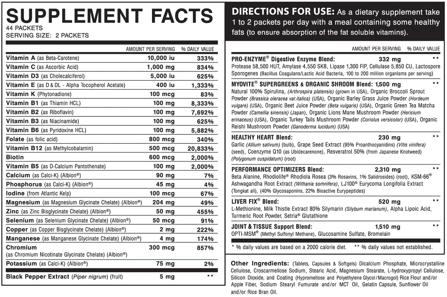 Supplement label with detailed nutritional information and usage directions.