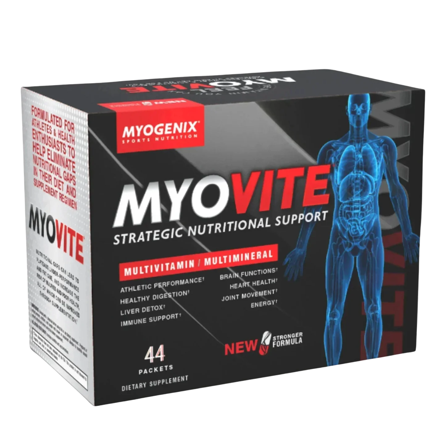 Myogenix Myovite supplement packaging with a human body illustration on a black background