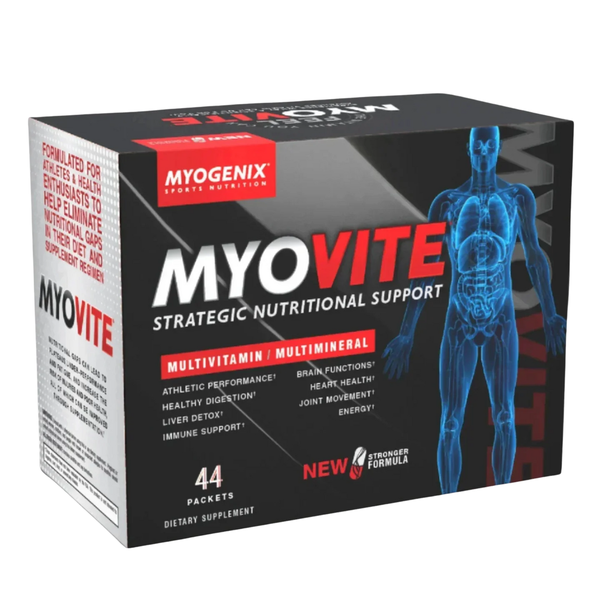 Myogenix Myovite supplement packaging with a human body illustration on a black background