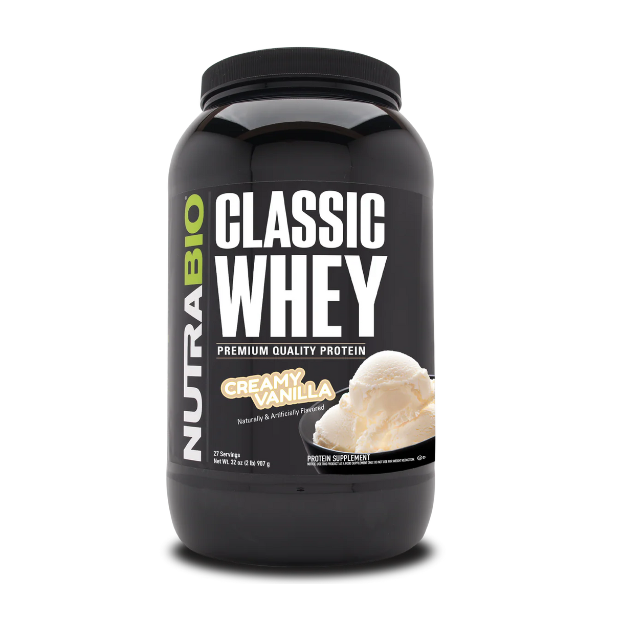 NutraBio Classic Whey protein pwoder supplement container with creamy vanilla flavor.
