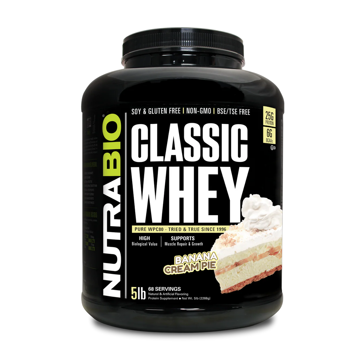 NutraBio Classic Whey protein powder container with banana cream pie flavor on a white background
